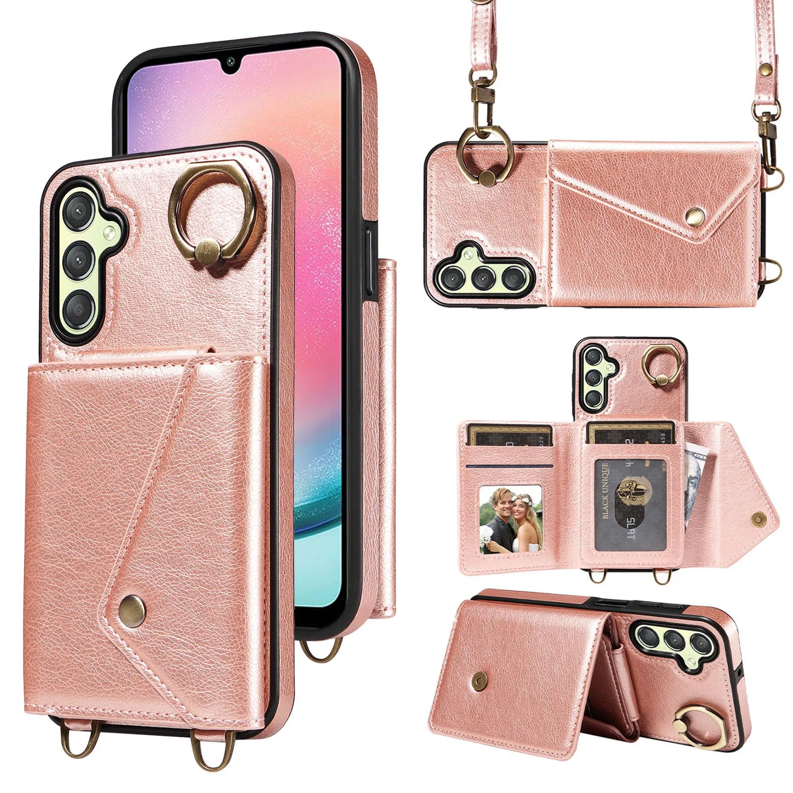 002 For Samsung Galaxy A24 4G / A25 5G Card Bag Ring Kickstand Shockproof Cover Litchi Texture Leather Coated TPU Phone Case with Shoulder Strap