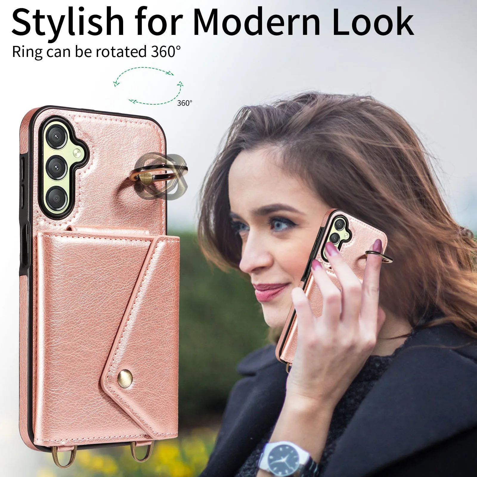 002 For Samsung Galaxy A24 4G / A25 5G Card Bag Ring Kickstand Shockproof Cover Litchi Texture Leather Coated TPU Phone Case with Shoulder Strap