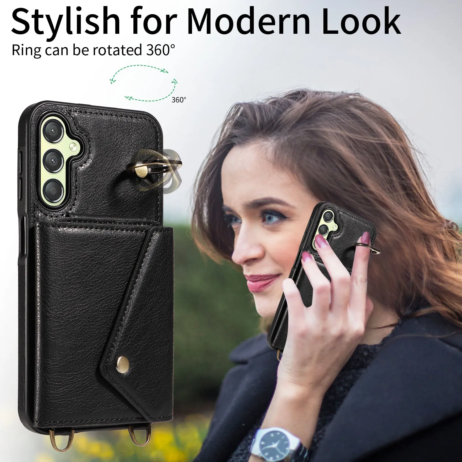 002 For Samsung Galaxy A24 4G / A25 5G Card Bag Ring Kickstand Shockproof Cover Litchi Texture Leather Coated TPU Phone Case with Shoulder Strap