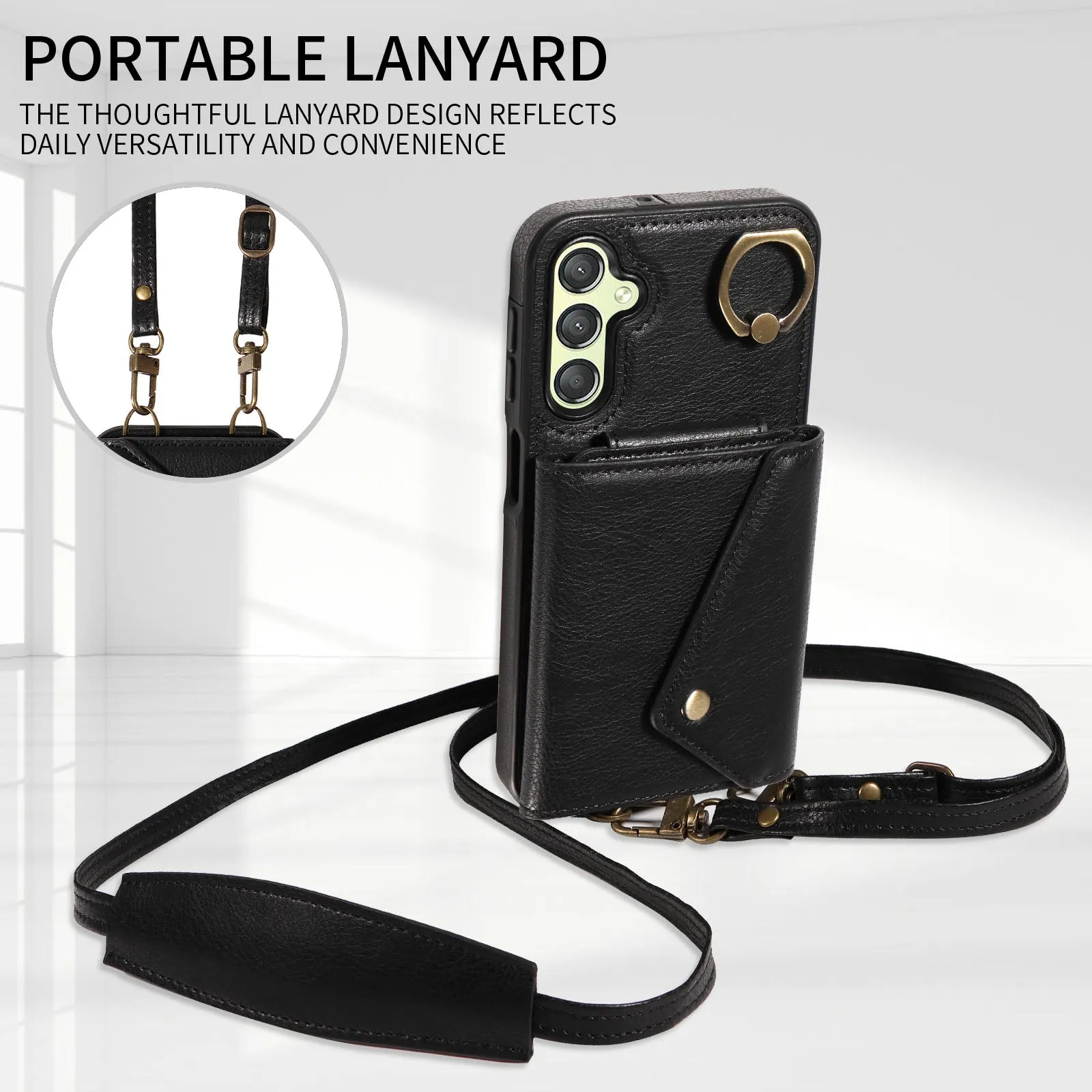 002 For Samsung Galaxy A24 4G / A25 5G Card Bag Ring Kickstand Shockproof Cover Litchi Texture Leather Coated TPU Phone Case with Shoulder Strap