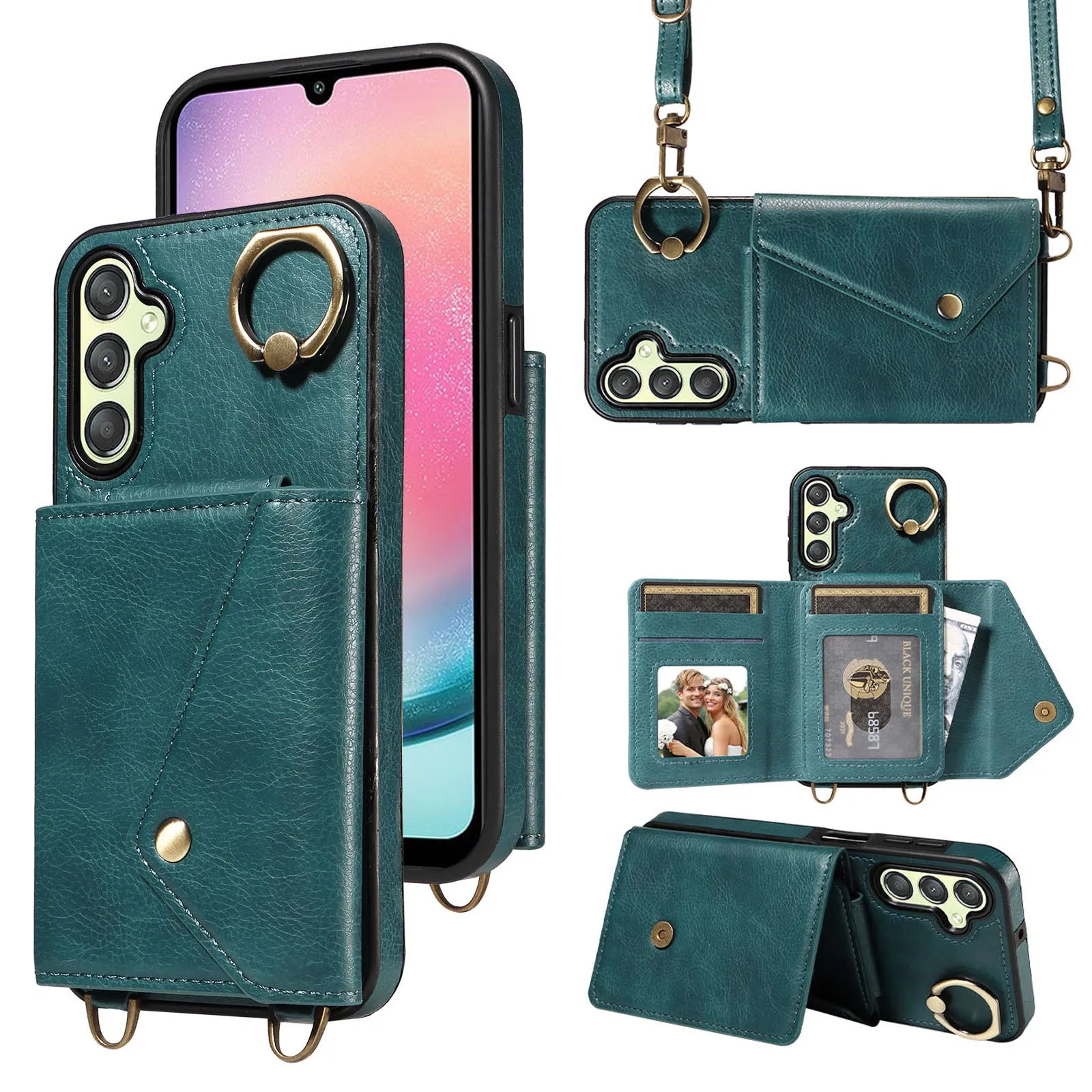 002 For Samsung Galaxy A24 4G / A25 5G Card Bag Ring Kickstand Shockproof Cover Litchi Texture Leather Coated TPU Phone Case with Shoulder Strap