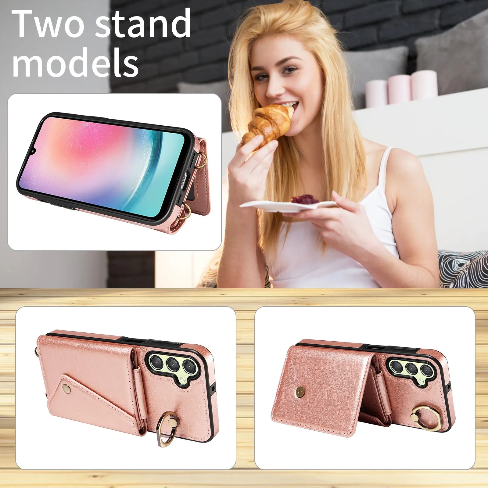 002 For Samsung Galaxy A24 4G / A25 5G Card Bag Ring Kickstand Shockproof Cover Litchi Texture Leather Coated TPU Phone Case with Shoulder Strap