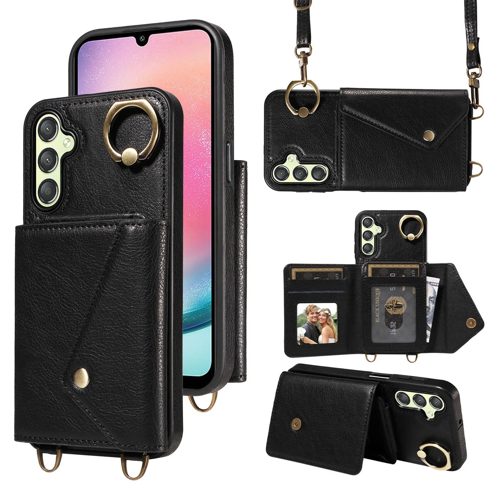 002 For Samsung Galaxy A24 4G / A25 5G Card Bag Ring Kickstand Shockproof Cover Litchi Texture Leather Coated TPU Phone Case with Shoulder Strap