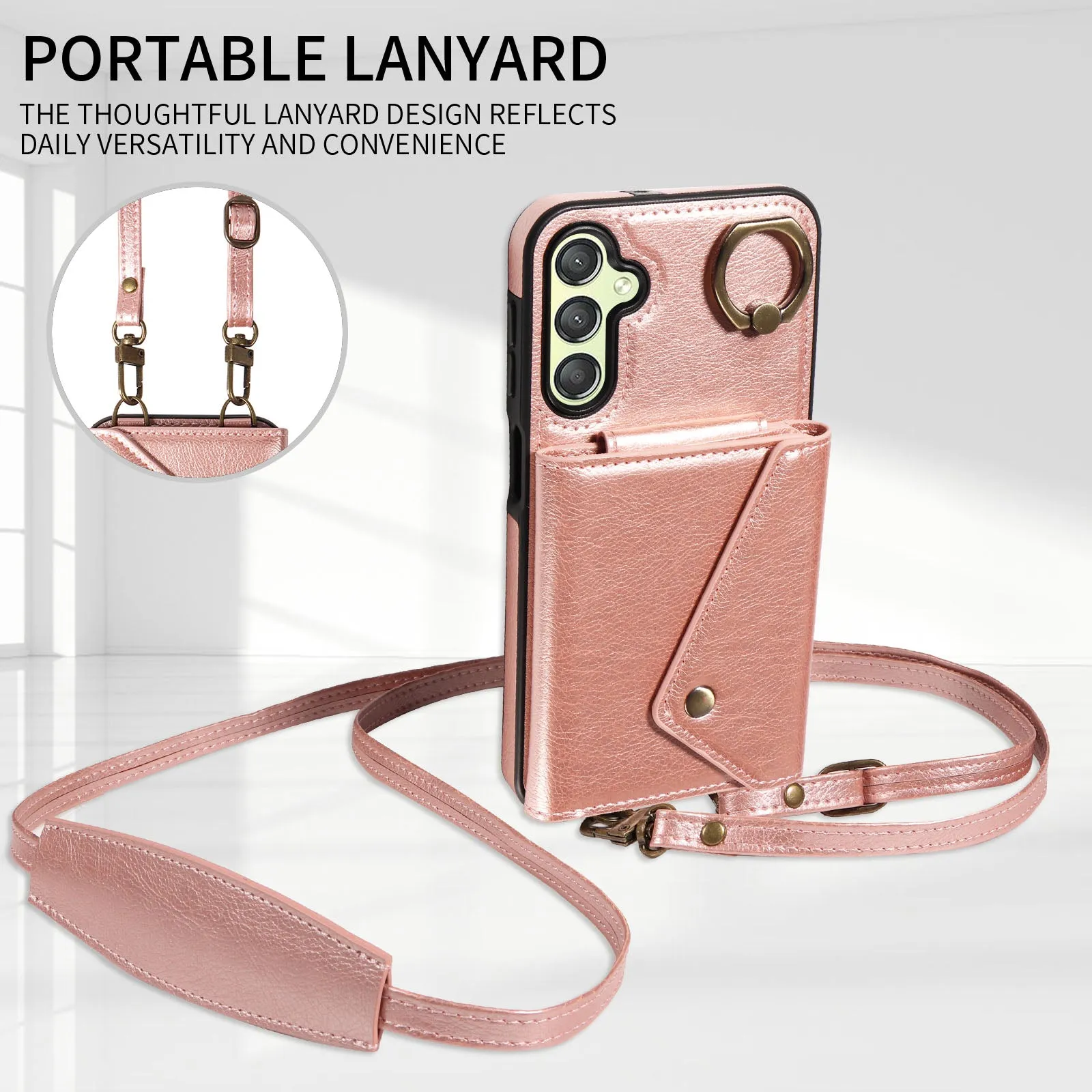 002 For Samsung Galaxy A24 4G / A25 5G Card Bag Ring Kickstand Shockproof Cover Litchi Texture Leather Coated TPU Phone Case with Shoulder Strap