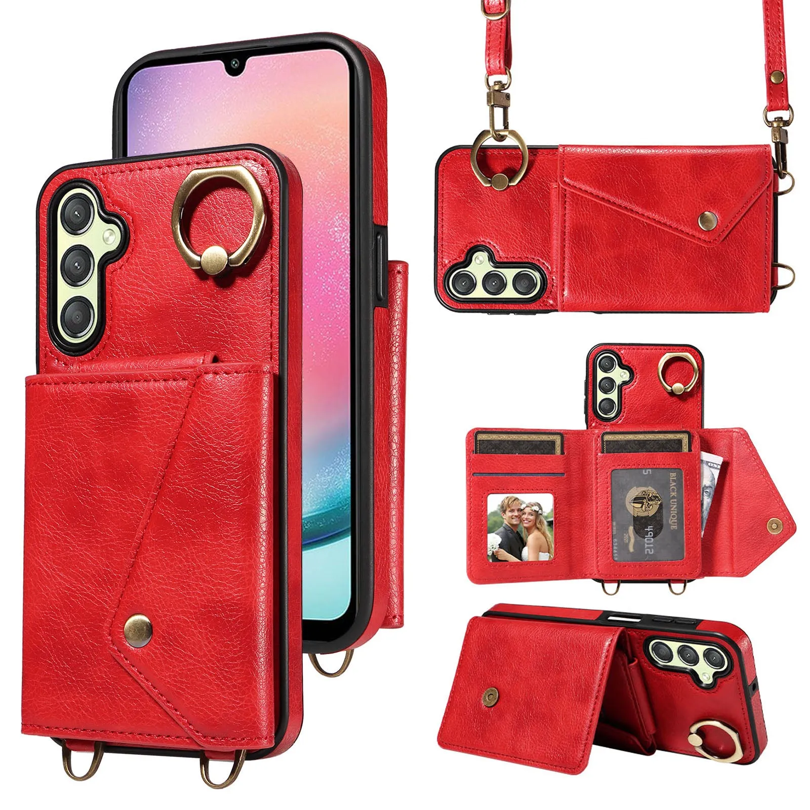 002 For Samsung Galaxy A24 4G / A25 5G Card Bag Ring Kickstand Shockproof Cover Litchi Texture Leather Coated TPU Phone Case with Shoulder Strap