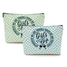 2 Pcs Girl Trip 2024 Cosmetic Bag Retro Plaid Makeup Bag Girls Trip Gifts Favors Girls Weekend Gifts Summer Vacation Funny Friendship Gifts for Women Bridesmaid Bachelorette Party Birthday Graduation