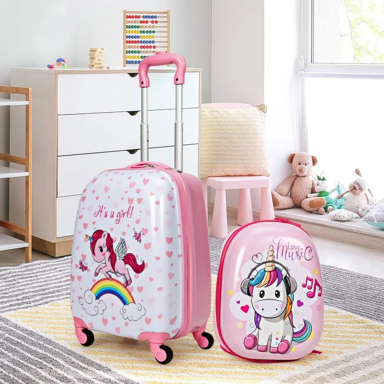 2 Pieces 12 Inch 16 Inch Kids Luggage Set with Backpack and Suitcase - Unicorn