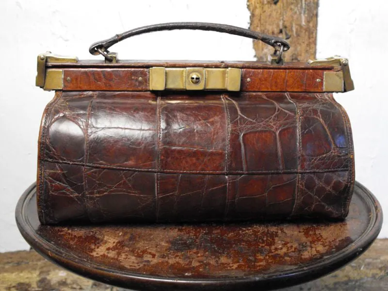 A Gorgeous Edwardian Crocodile Skin & Silk Lined Gladstone Handbag