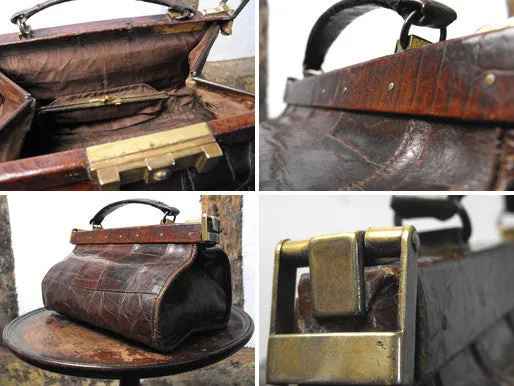 A Gorgeous Edwardian Crocodile Skin & Silk Lined Gladstone Handbag