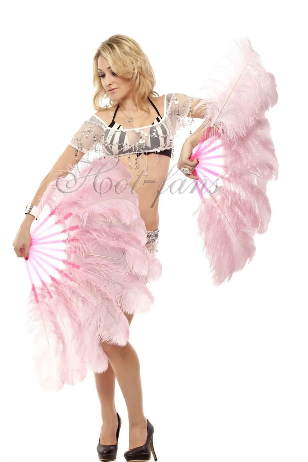 A pair pink Single layer Ostrich Feather fan 24"x 41" with leather travel Bag