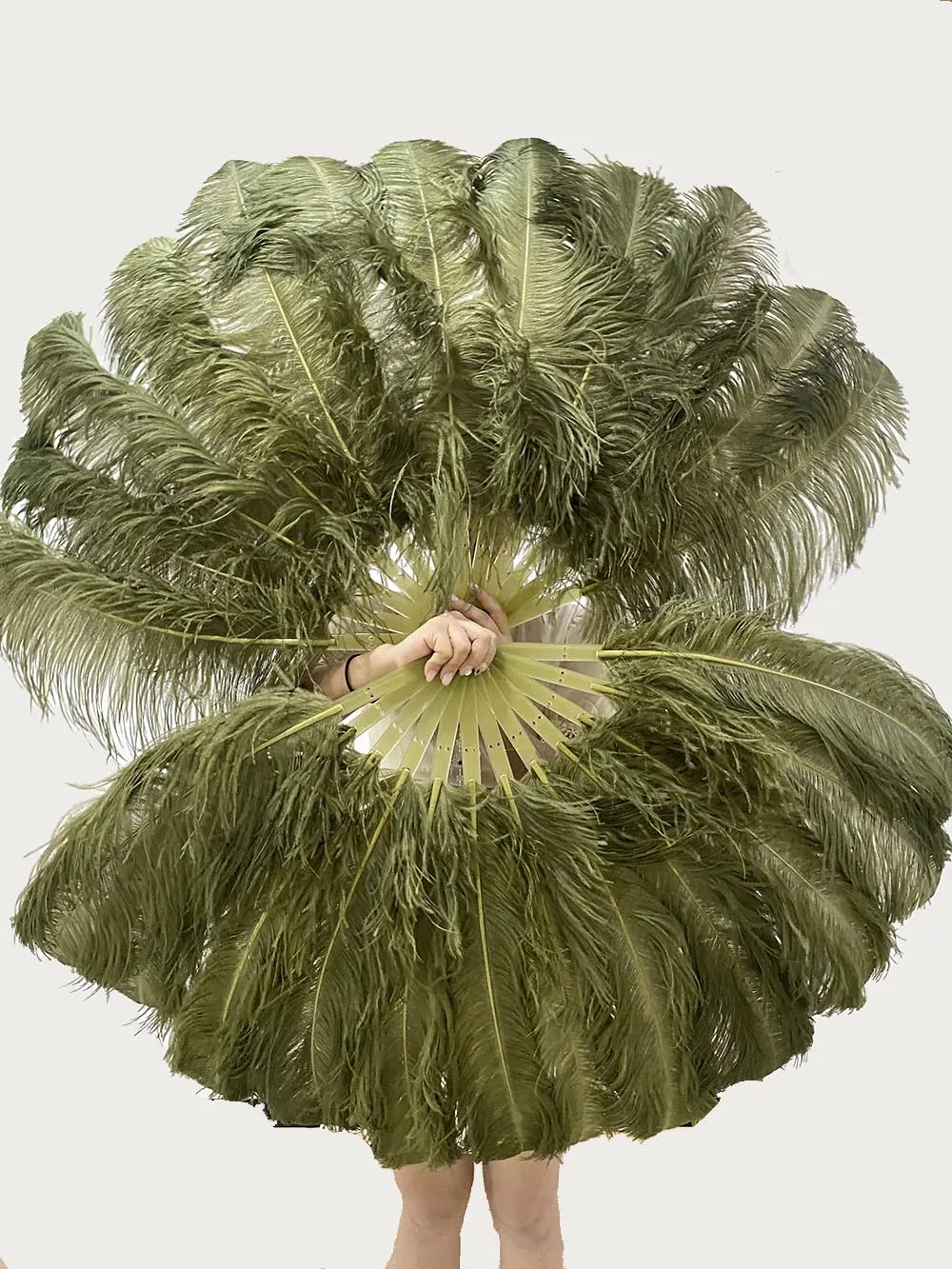 A pair Single layer Olive green Beginner’s Ostrich Feather Fan