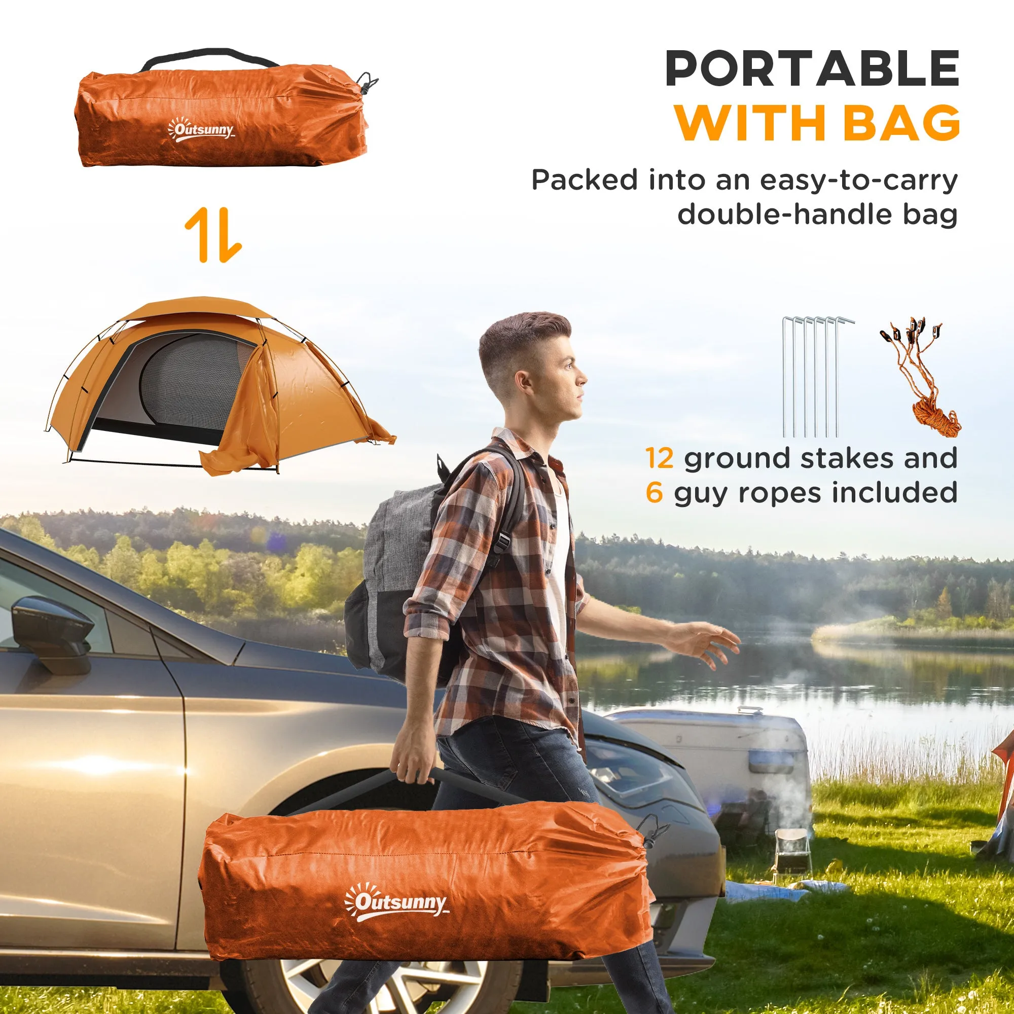 Aluminium Frame Camping Tent Dome Tent with Removable Rainfly, 2000mm Waterproof, for 1-2 Man, Orange