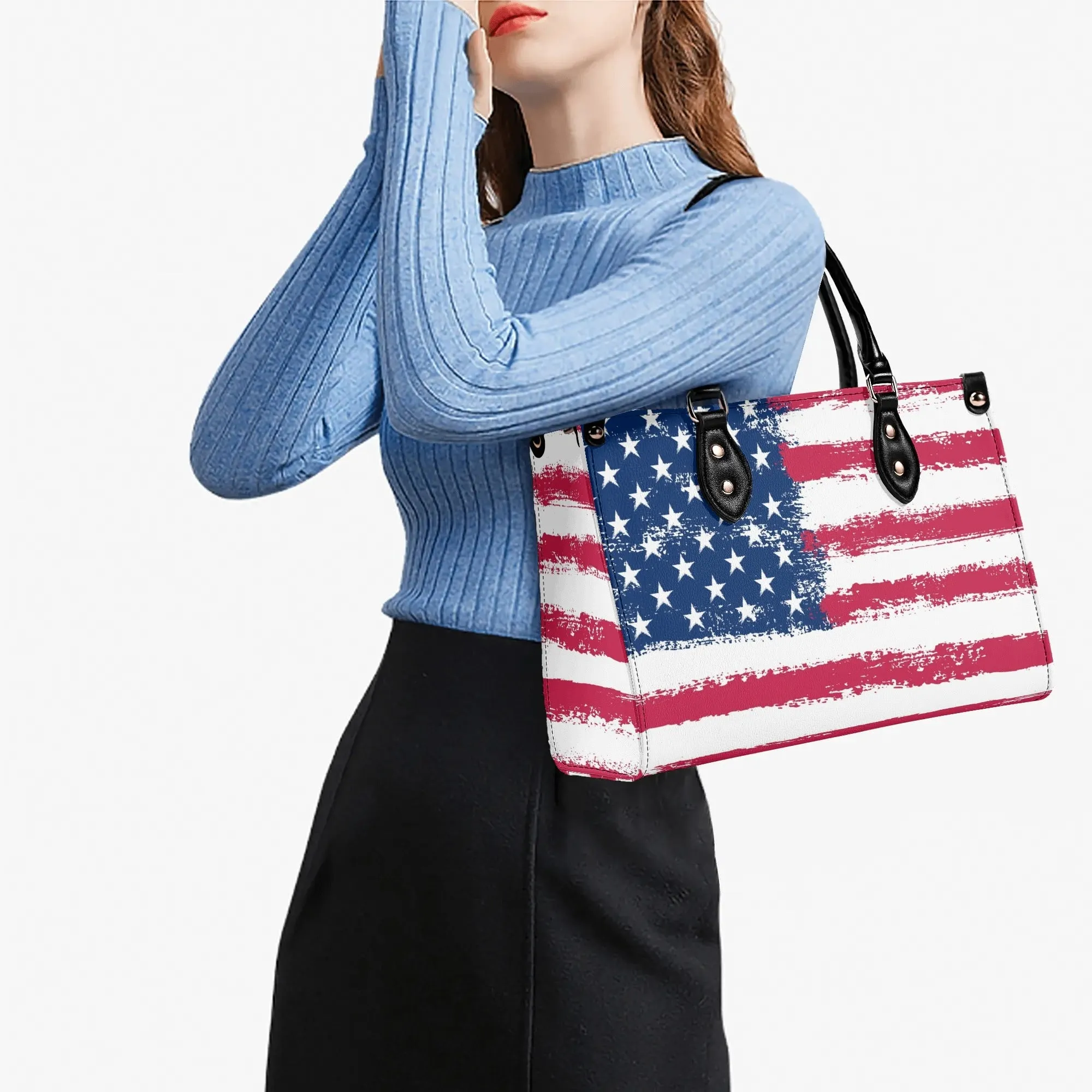 American Flag Shoulder Purse,  USA Patriotic US Crossbody Vegan Leather Top Handle Handbag Print Small Large Bag Women Ladies Designer