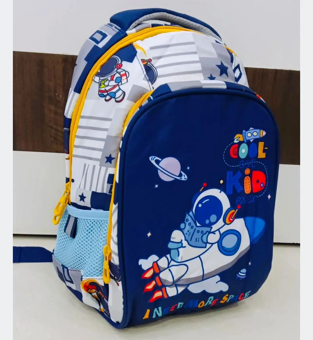 Astro on Rocket Design Backpack for Kids (White-Navy Blue)