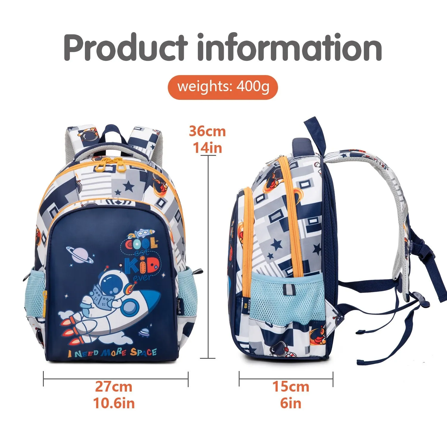 Astro on Rocket Design Backpack for Kids (White-Navy Blue)