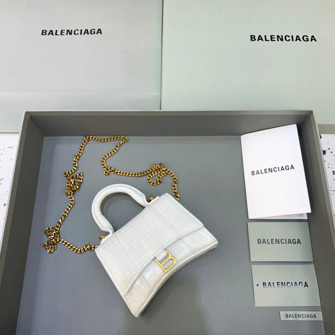 Balen Hourglass Mini Handbag With Chain In White, For Women,  Bags 4.7in/12cm