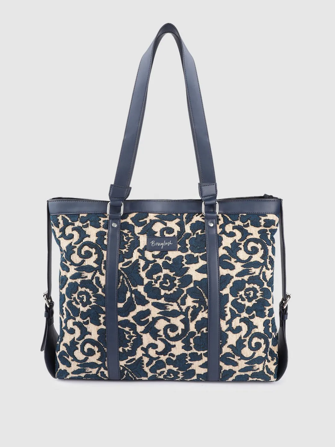 Berrylush Women Off-White & Blue Floral Printed Structured Regular Laptop Bags