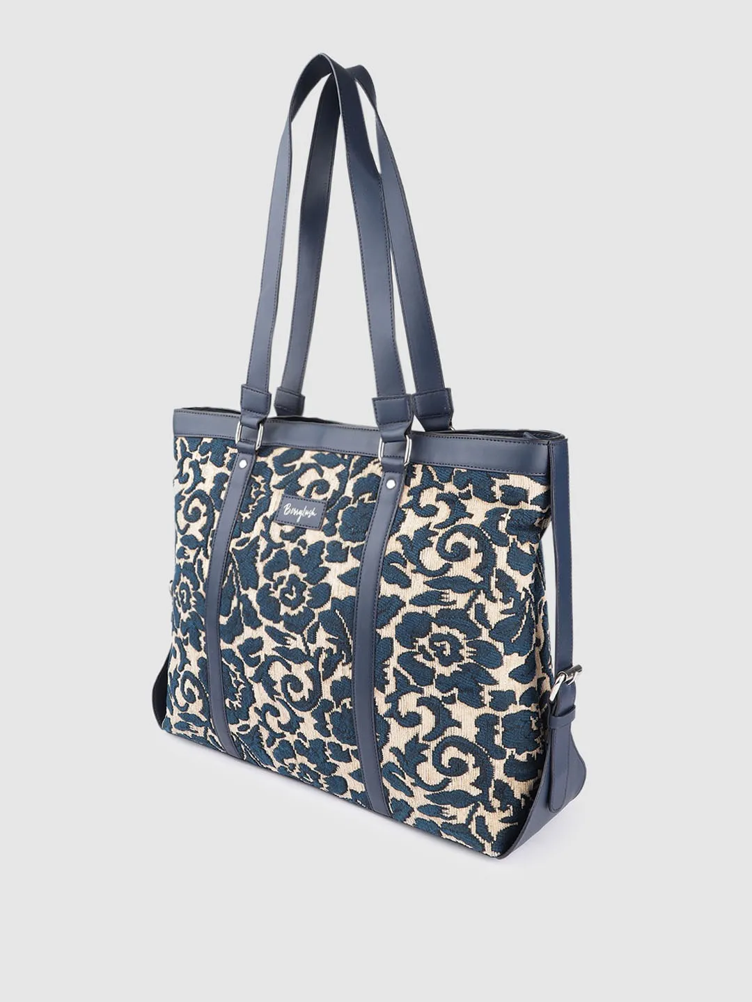 Berrylush Women Off-White & Blue Floral Printed Structured Regular Laptop Bags