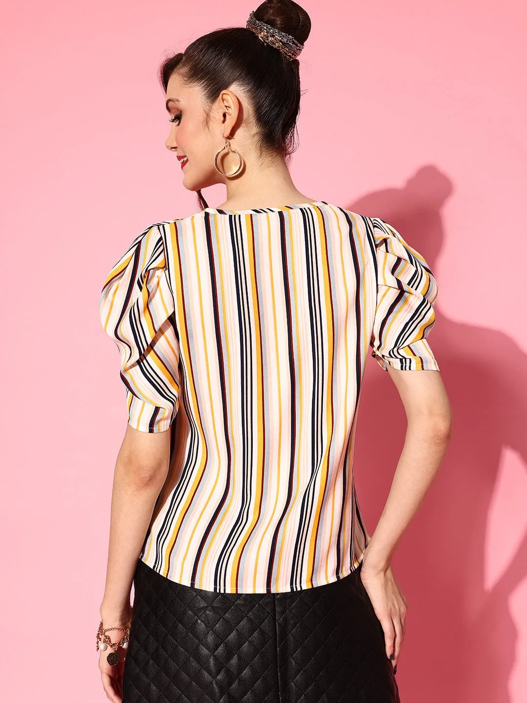 Berrylush Women Pink & Mustard Yellow Striped Pattern Collar Neck Crepe Shirt Top