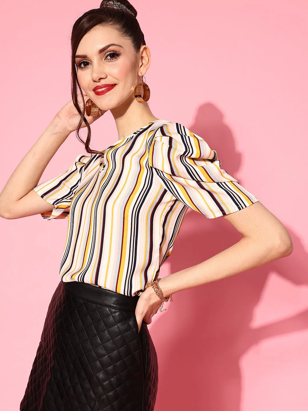 Berrylush Women Pink & Mustard Yellow Striped Pattern Collar Neck Crepe Shirt Top