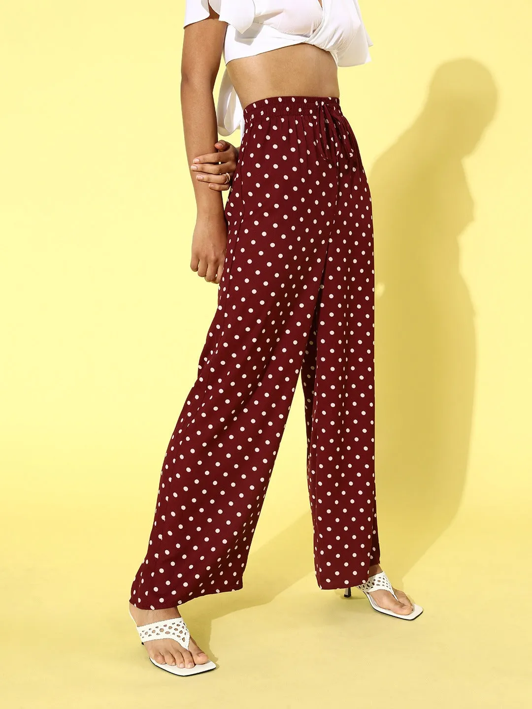 Berrylush Women Red Polka Dot Printed High-Waist Front Flat Pleat Parallel Trousers