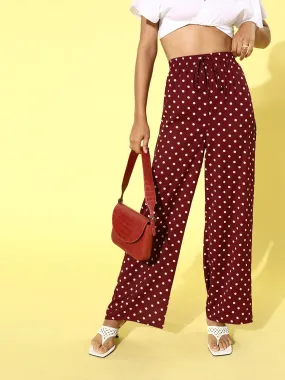 Berrylush Women Red Polka Dot Printed High-Waist Front Flat Pleat Parallel Trousers