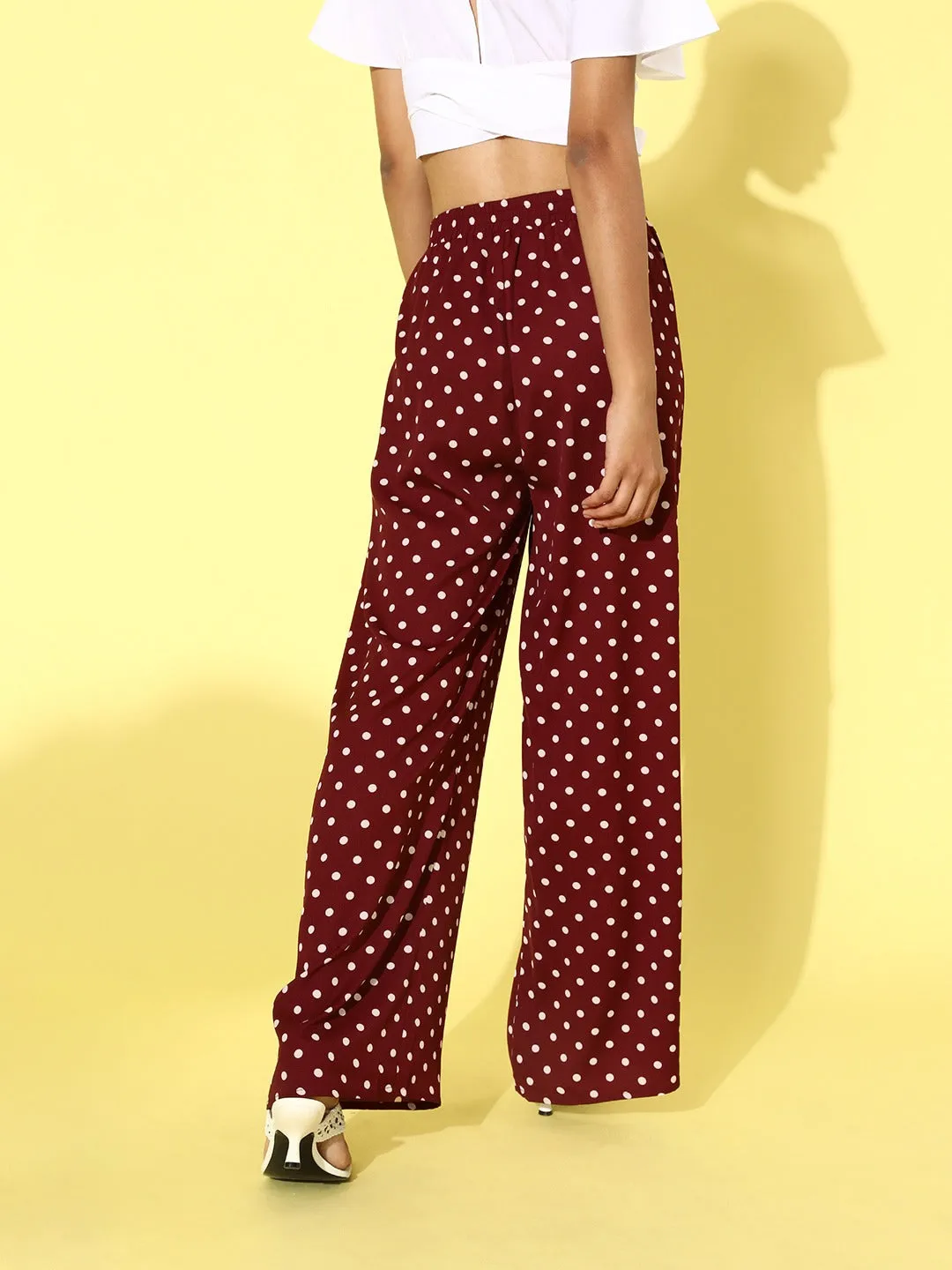 Berrylush Women Red Polka Dot Printed High-Waist Front Flat Pleat Parallel Trousers