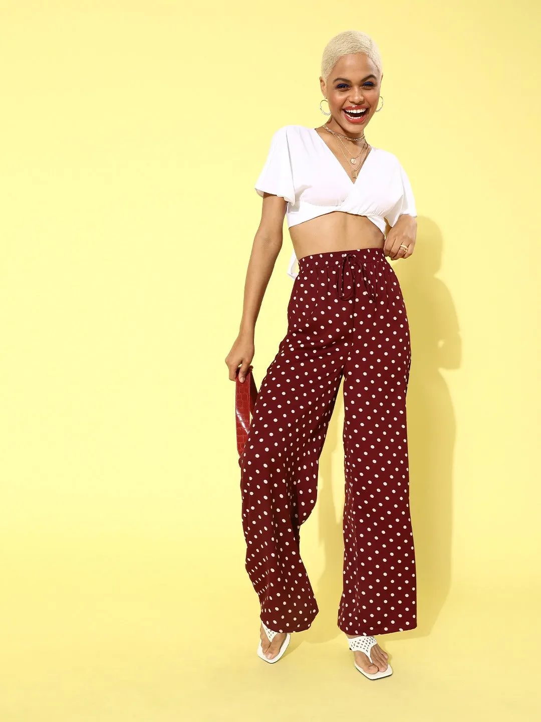 Berrylush Women Red Polka Dot Printed High-Waist Front Flat Pleat Parallel Trousers