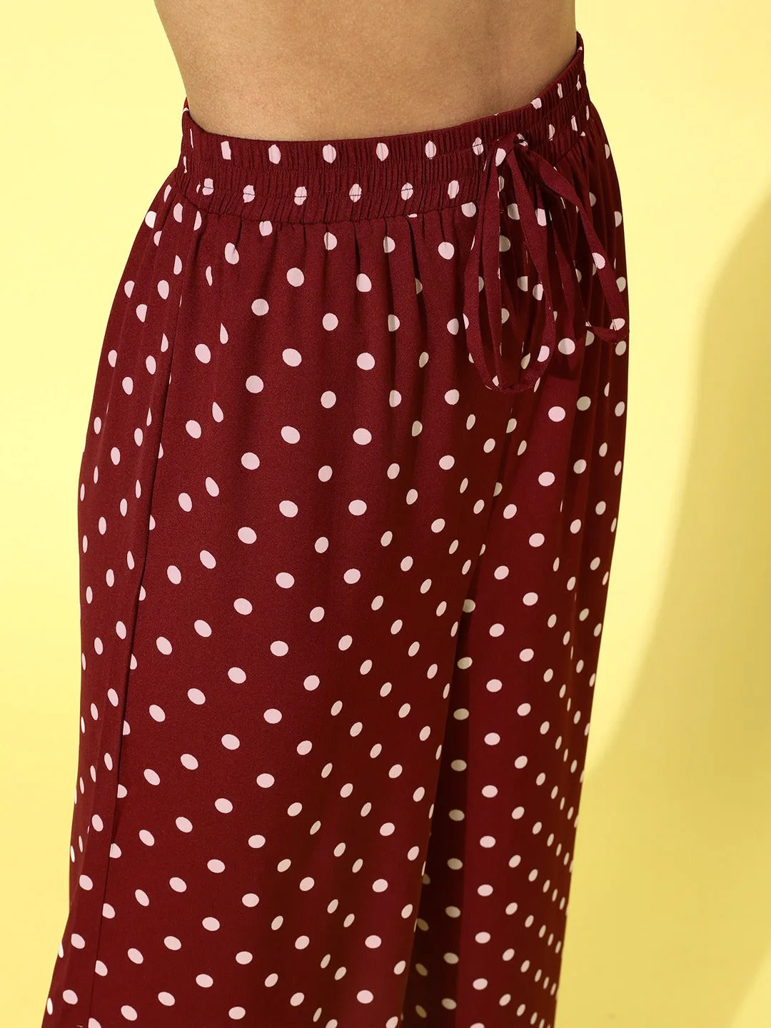 Berrylush Women Red Polka Dot Printed High-Waist Front Flat Pleat Parallel Trousers