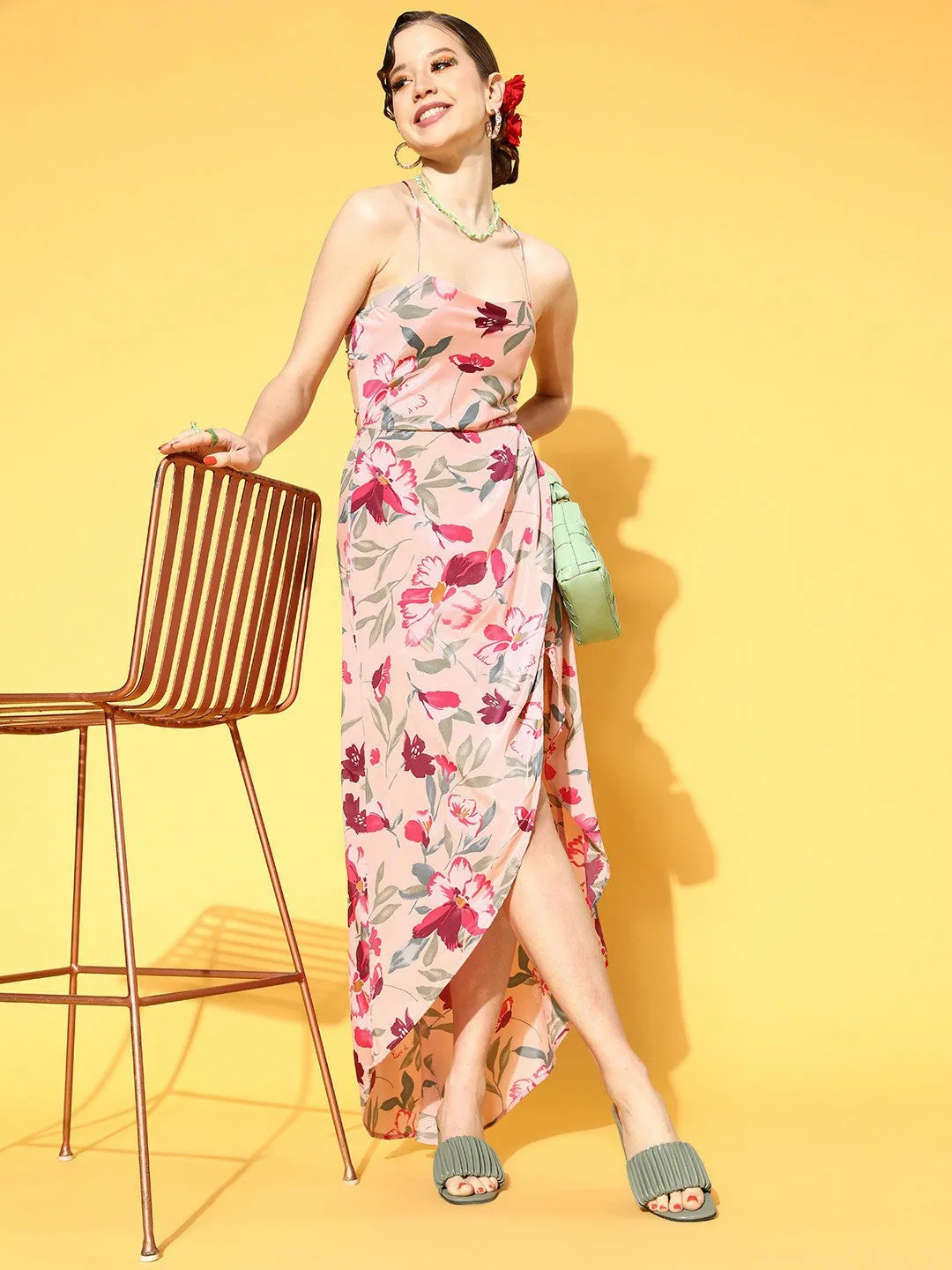 Berrylush Women Rose Floral Printed Tie-Up Neck Backless Thigh-High Slit Asymmetric Maxi Dress