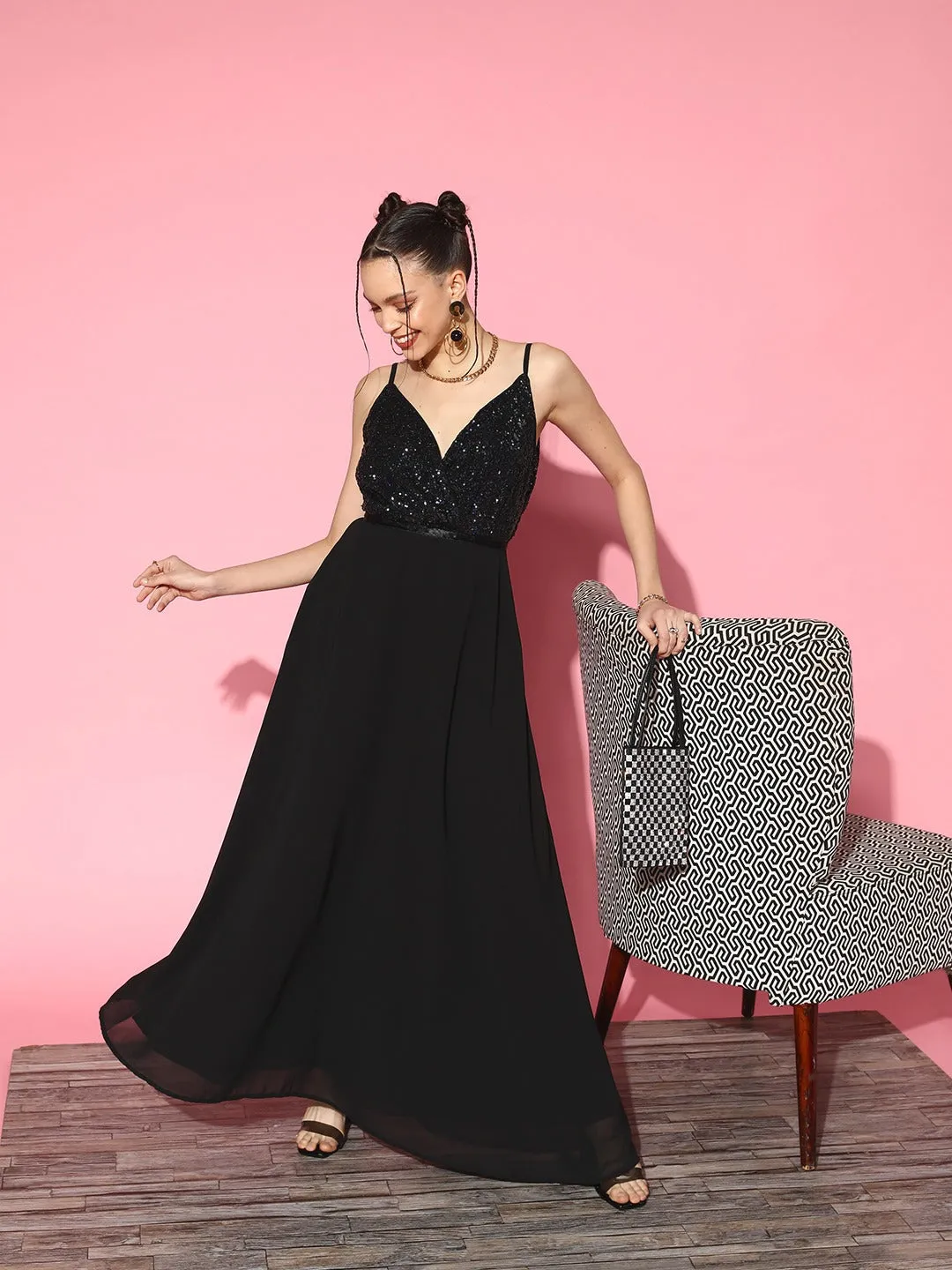 Berrylush Women Solid Black V-Neck Embellished Net Flared Maxi Gown