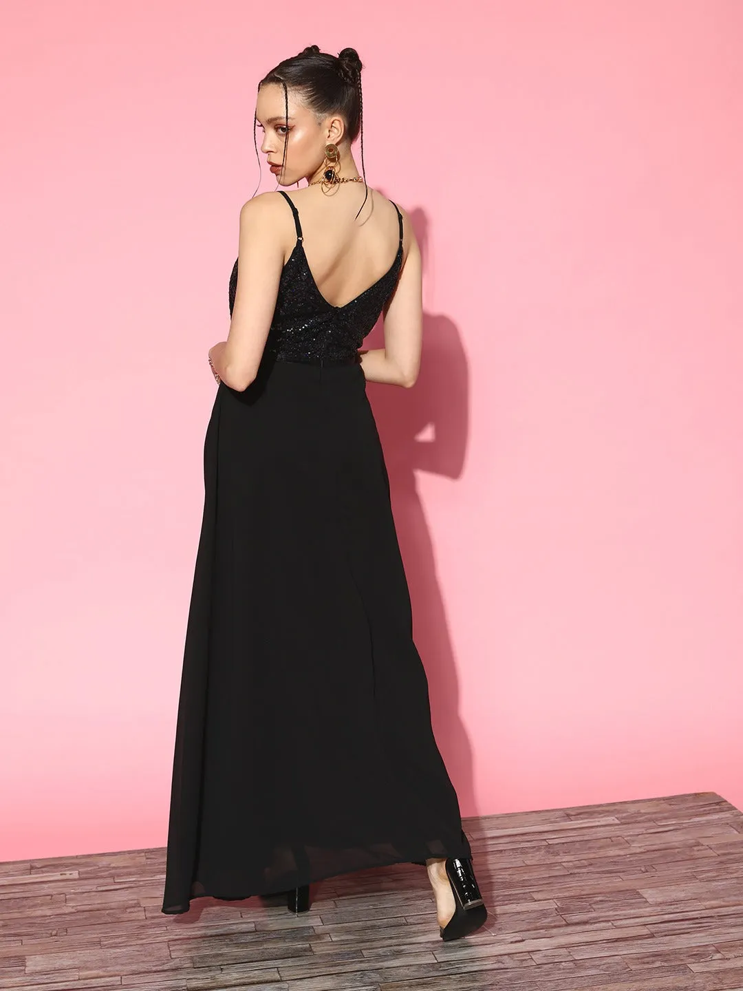 Berrylush Women Solid Black V-Neck Embellished Net Flared Maxi Gown