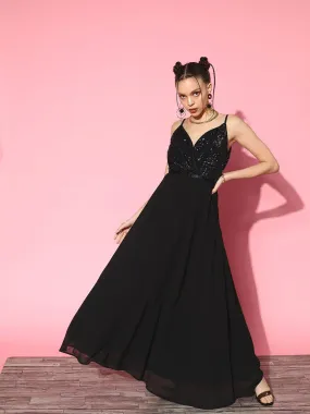 Berrylush Women Solid Black V-Neck Embellished Net Flared Maxi Gown