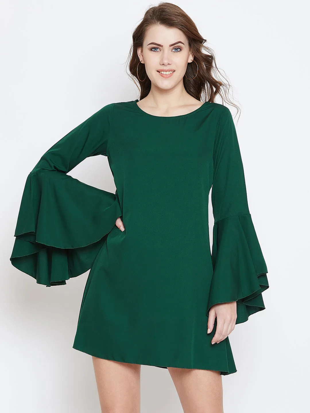 Berrylush Women Solid Green Round Neck Bell Sleeves A-Line Mini Dress