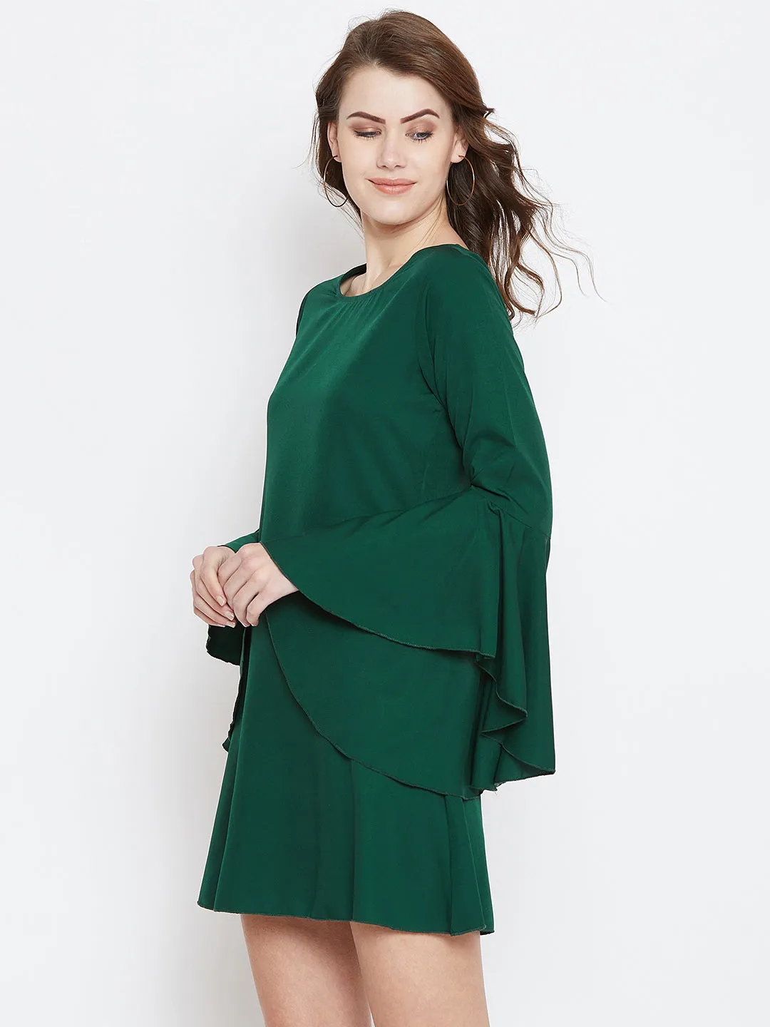 Berrylush Women Solid Green Round Neck Bell Sleeves A-Line Mini Dress