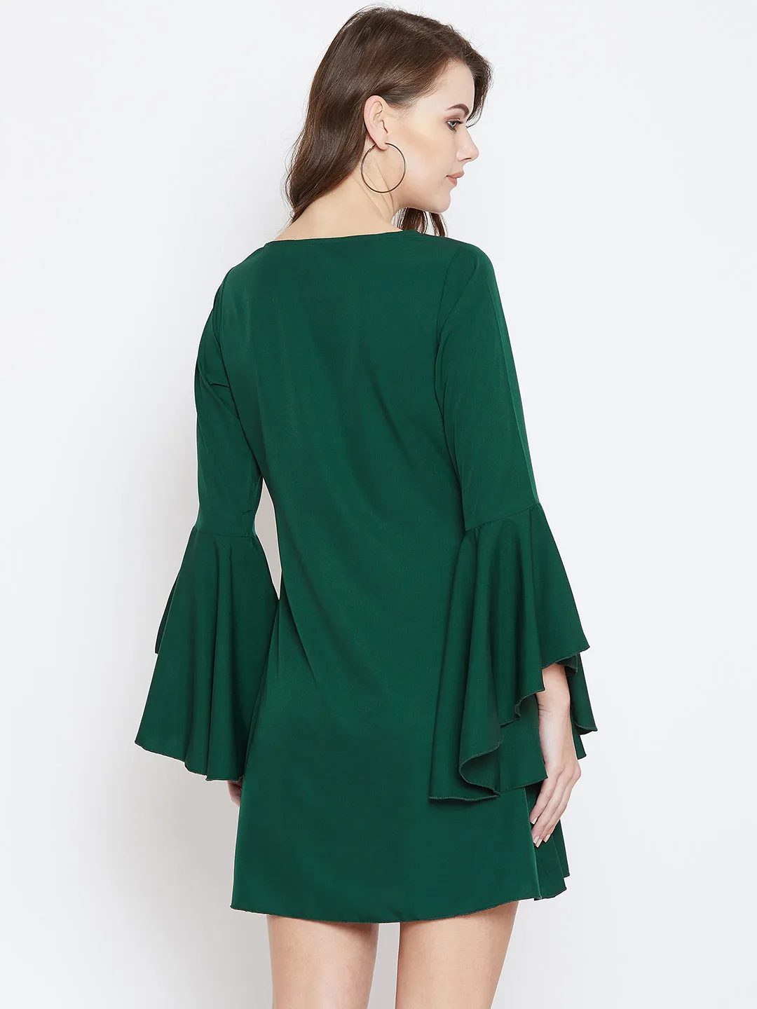 Berrylush Women Solid Green Round Neck Bell Sleeves A-Line Mini Dress