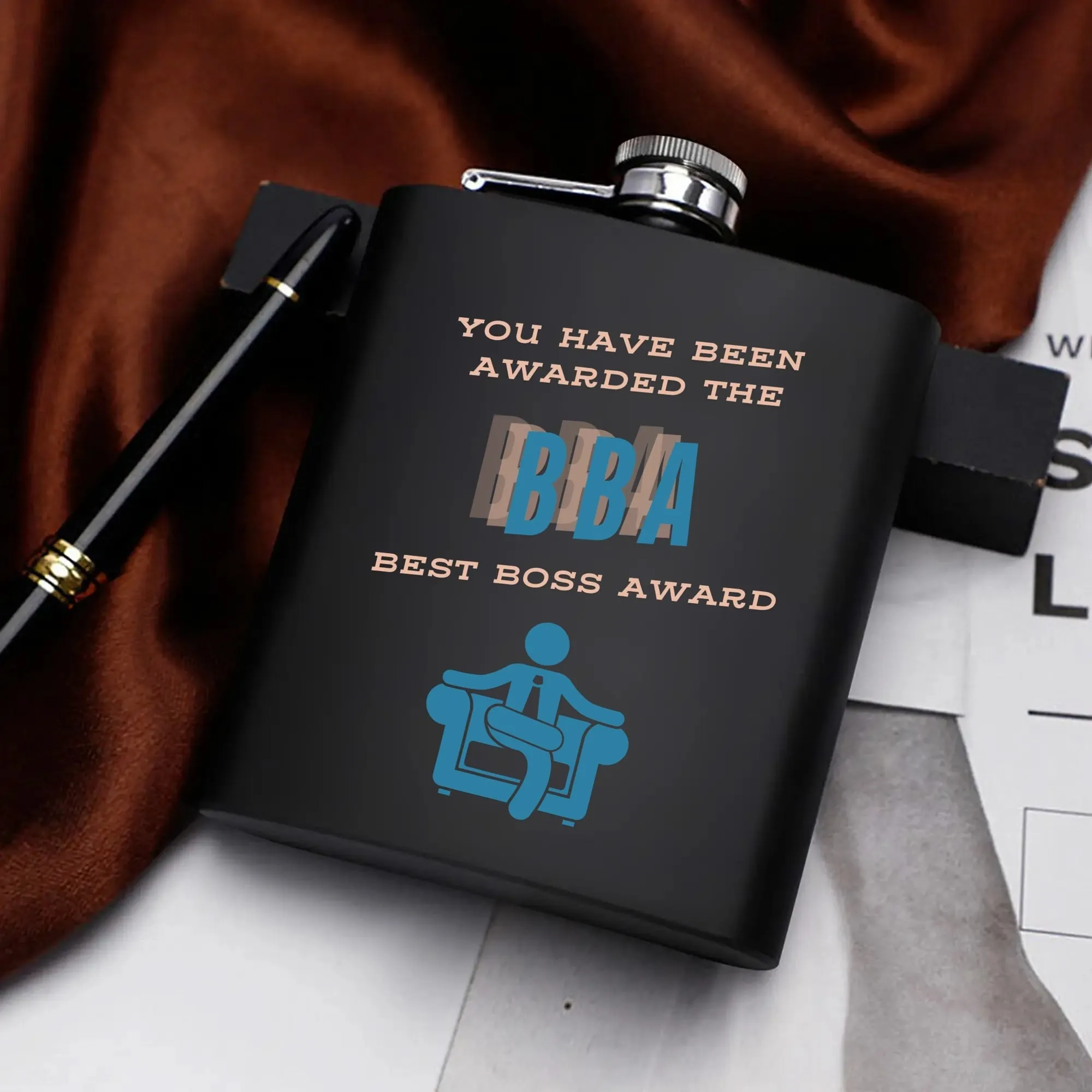 Best Boss Appreciation gift ideas | Stainless Steel Hip Flask Gift Set with Funnel & Shot Glasses | B.B.A