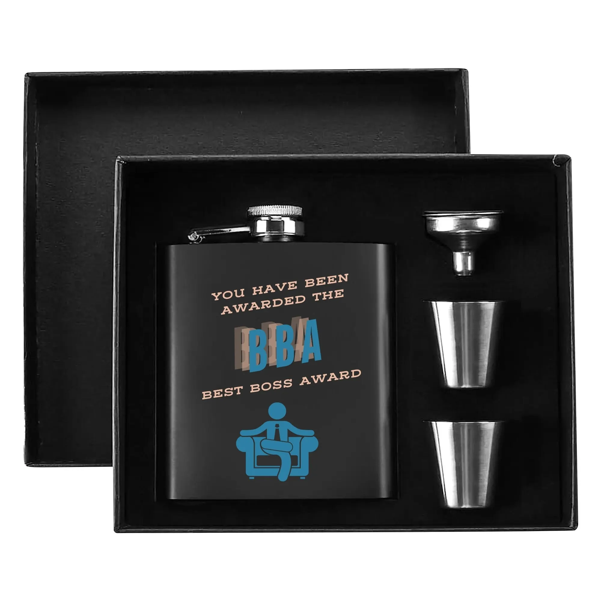 Best Boss Appreciation gift ideas | Stainless Steel Hip Flask Gift Set with Funnel & Shot Glasses | B.B.A