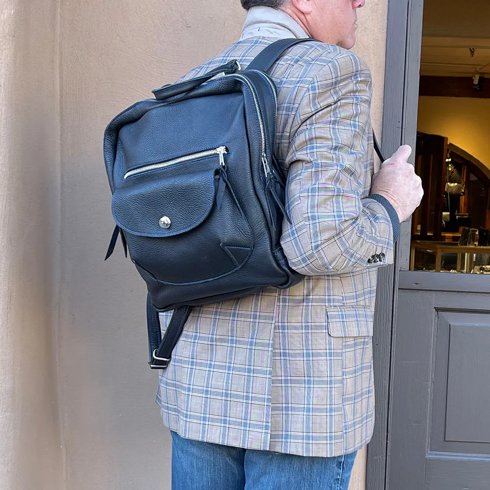 Billy Sunday Black Leather w/ Blue Stitching Backpack