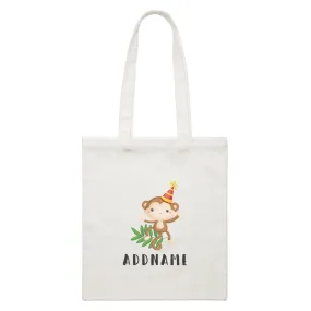 Birthday Safari Monkey Wearing Party Hat Addname White Canvas Bag