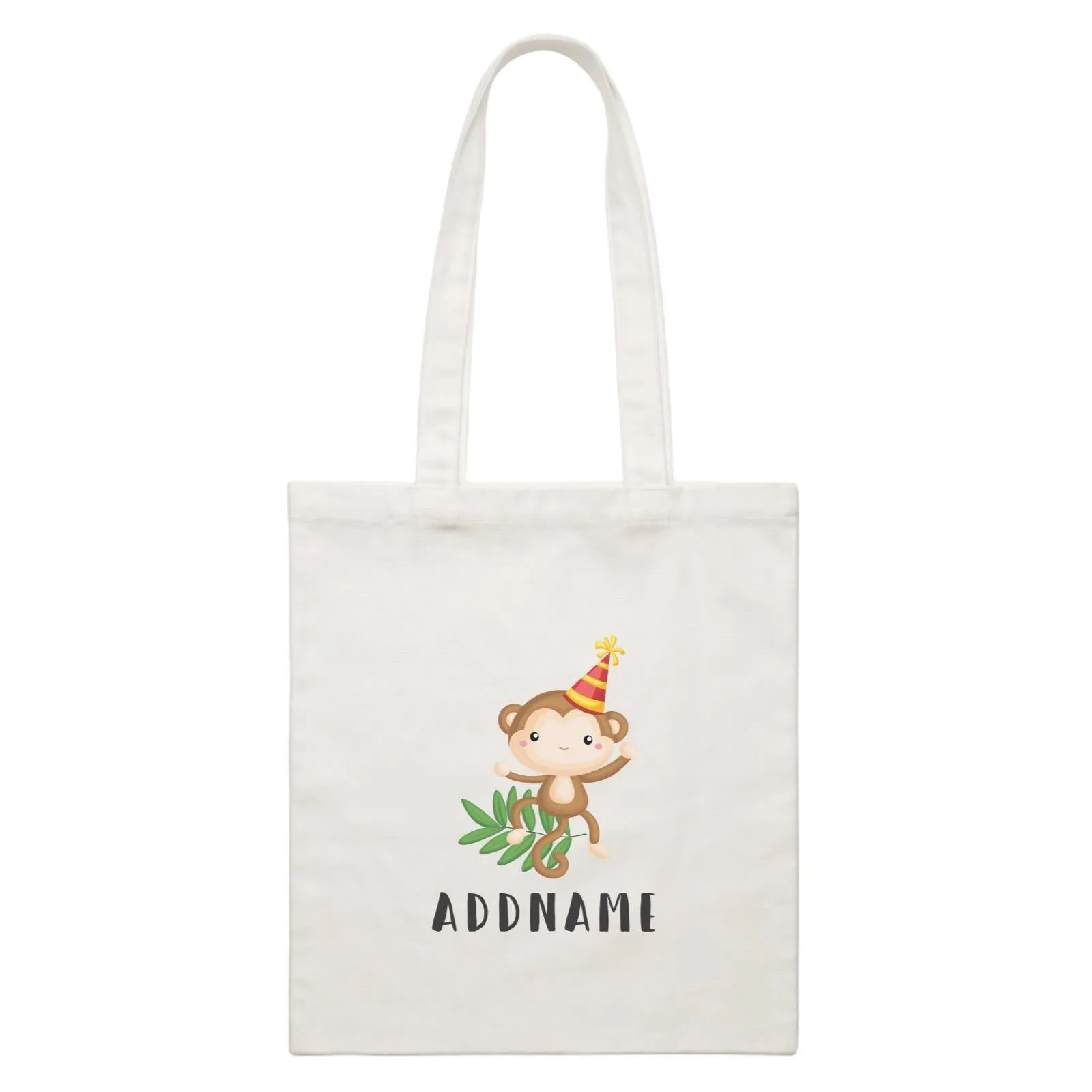 Birthday Safari Monkey Wearing Party Hat Addname White Canvas Bag