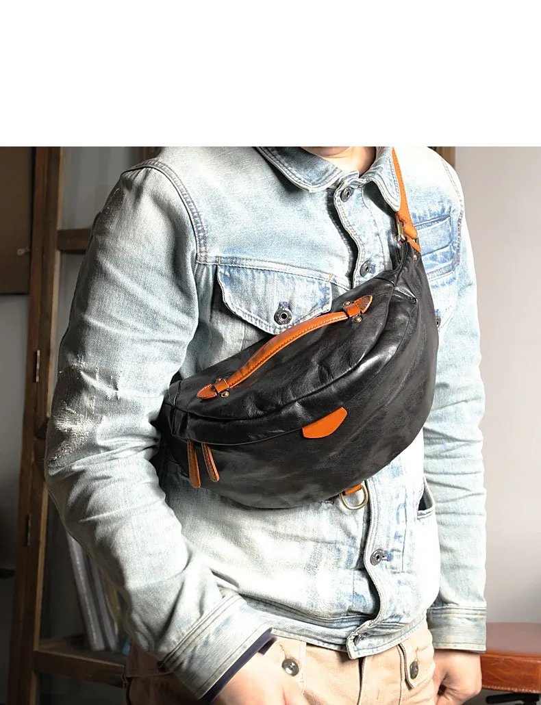 Black Handmade Leather Men Fanny Pack Waist Bag Coffee Hip Pack Belt Bag Bumbag for Men