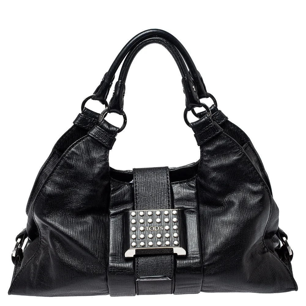 Black Leather Studded Lock Flap Shoulder Bag