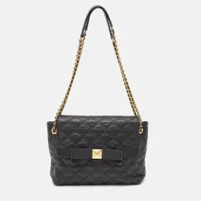 Black Quilted Leather Bow Shoulder Bag