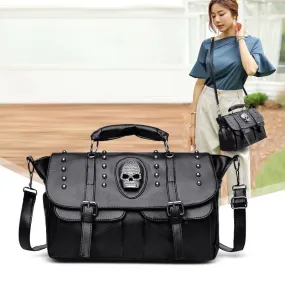 Black Studded Shoulder Bag with Skull Emblem and Details