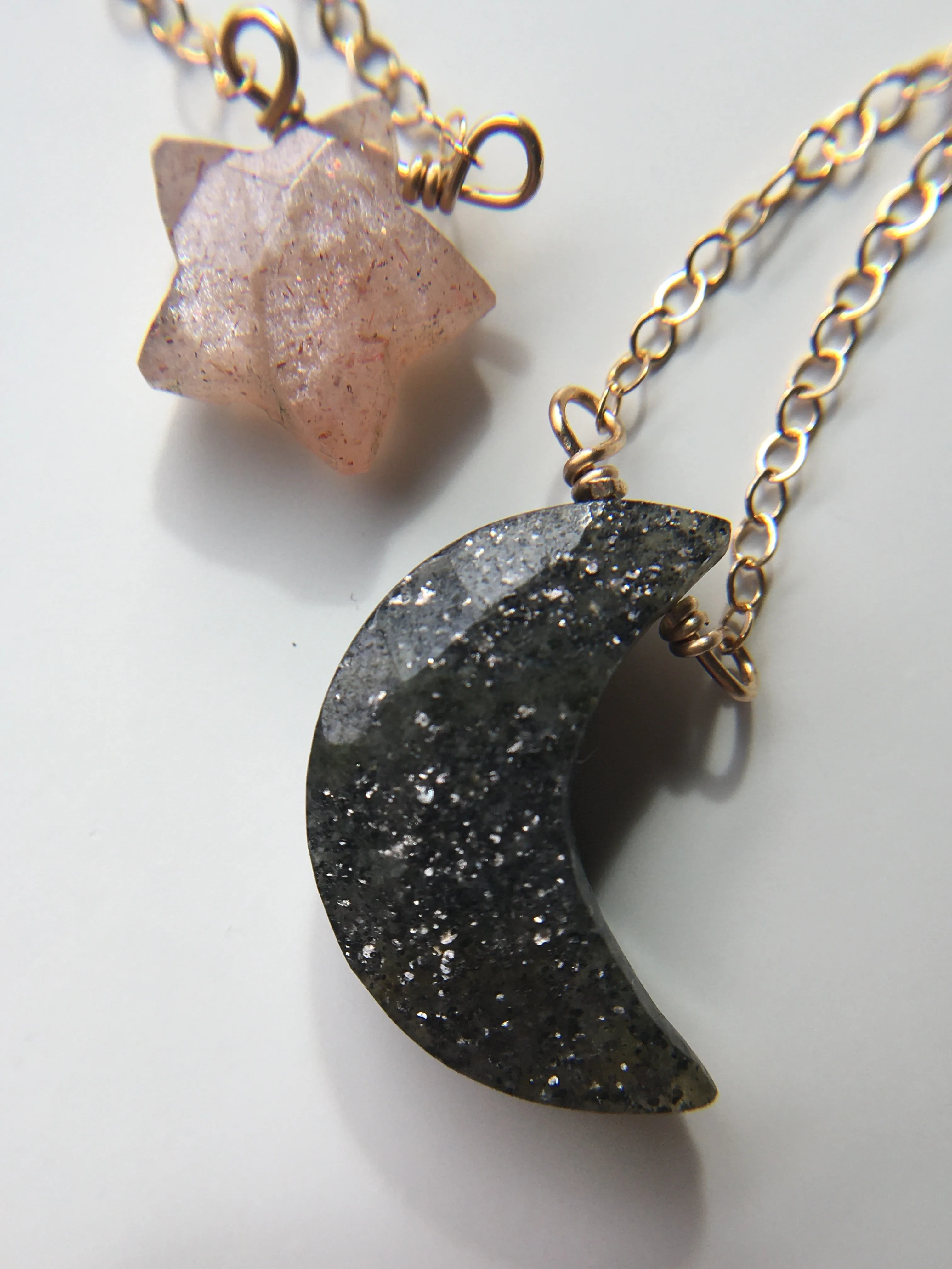 Black Sunstone Moon Pendant Crystal Necklace Sterling Silver or 14kt Gold Filled