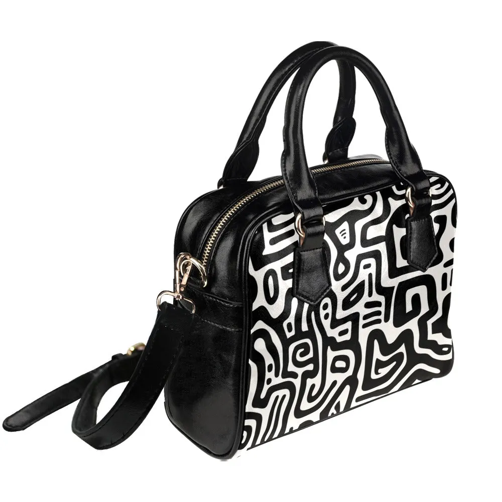 Black White Purse, Abstract Maze Modern Art Cute Small Shoulder Vegan Leather Women Ladies Designer Handbag with Strap Crossbody Bag