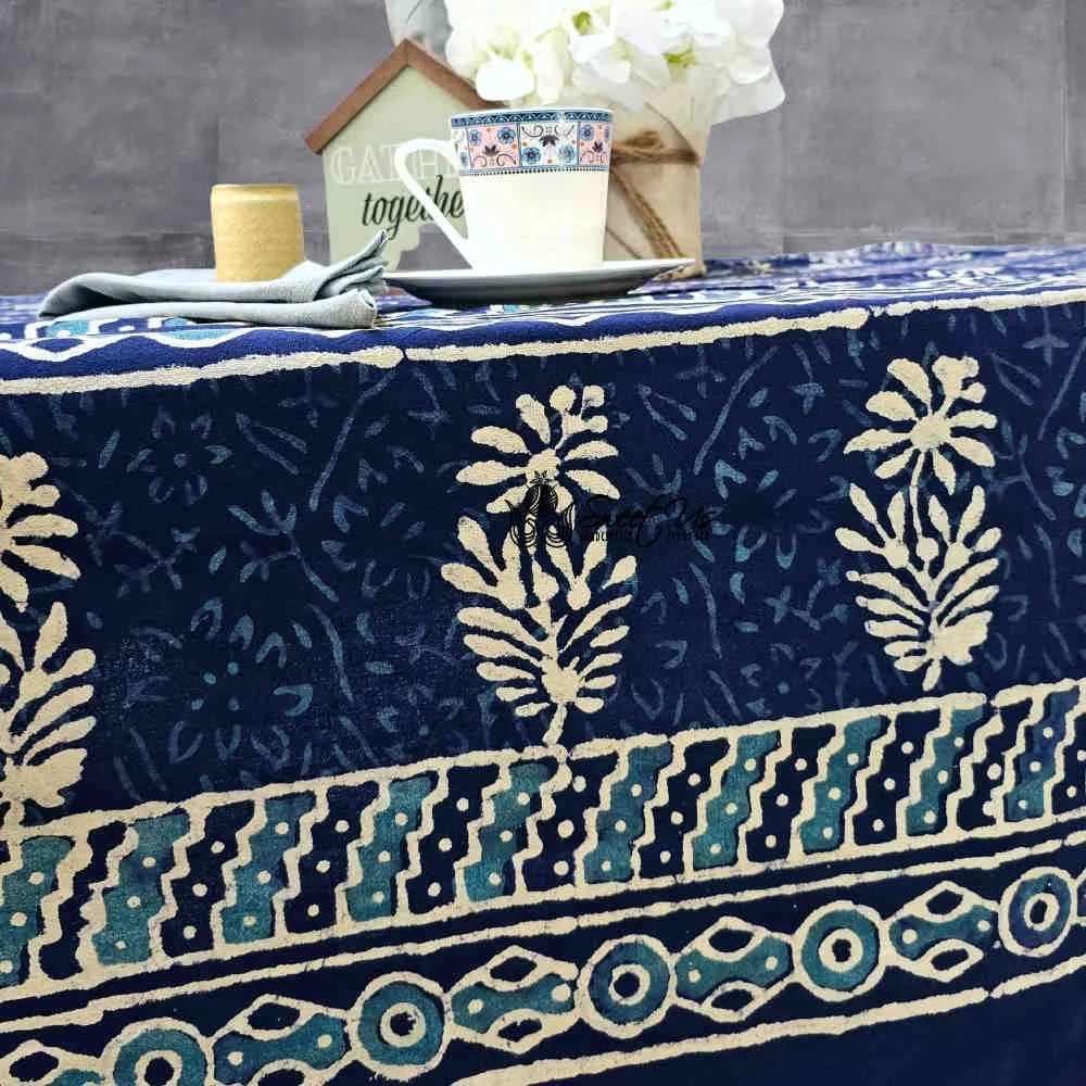 Block Print Cotton Floral Rectangle Tablecloth 60x90 Blue, Green, Red