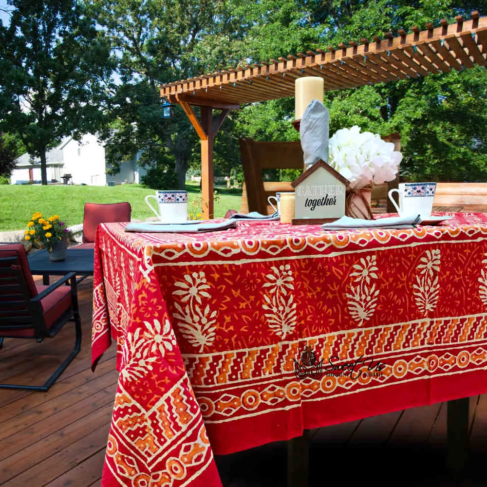 Block Print Cotton Floral Rectangle Tablecloth 60x90 Blue, Green, Red