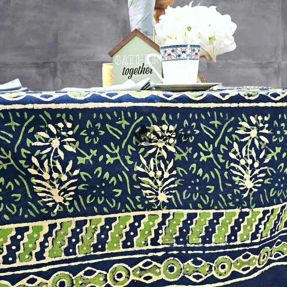 Block Print Cotton Floral Rectangle Tablecloth 60x90 Blue, Green, Red